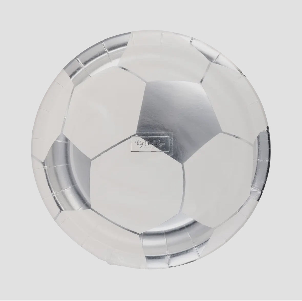 Soccer Ball Plate with a playful soccer design, perfect for soccer-themed parties and events. Includes 8 durable, 8-inch paper plates with silver foil accents. Ideal for soccer fans and a fun addition to your party decor. Game on!