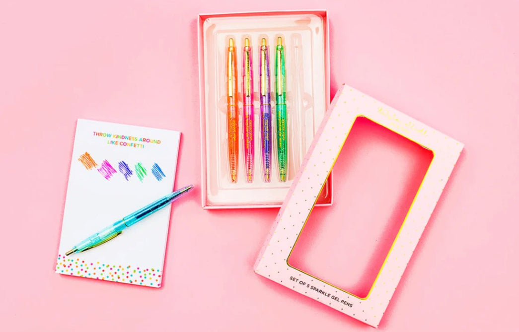 Fun and stylish pen set featuring sparkly gel ink, perfect for expressing creativity. Includes 5 pens in a beautifully designed gift box.