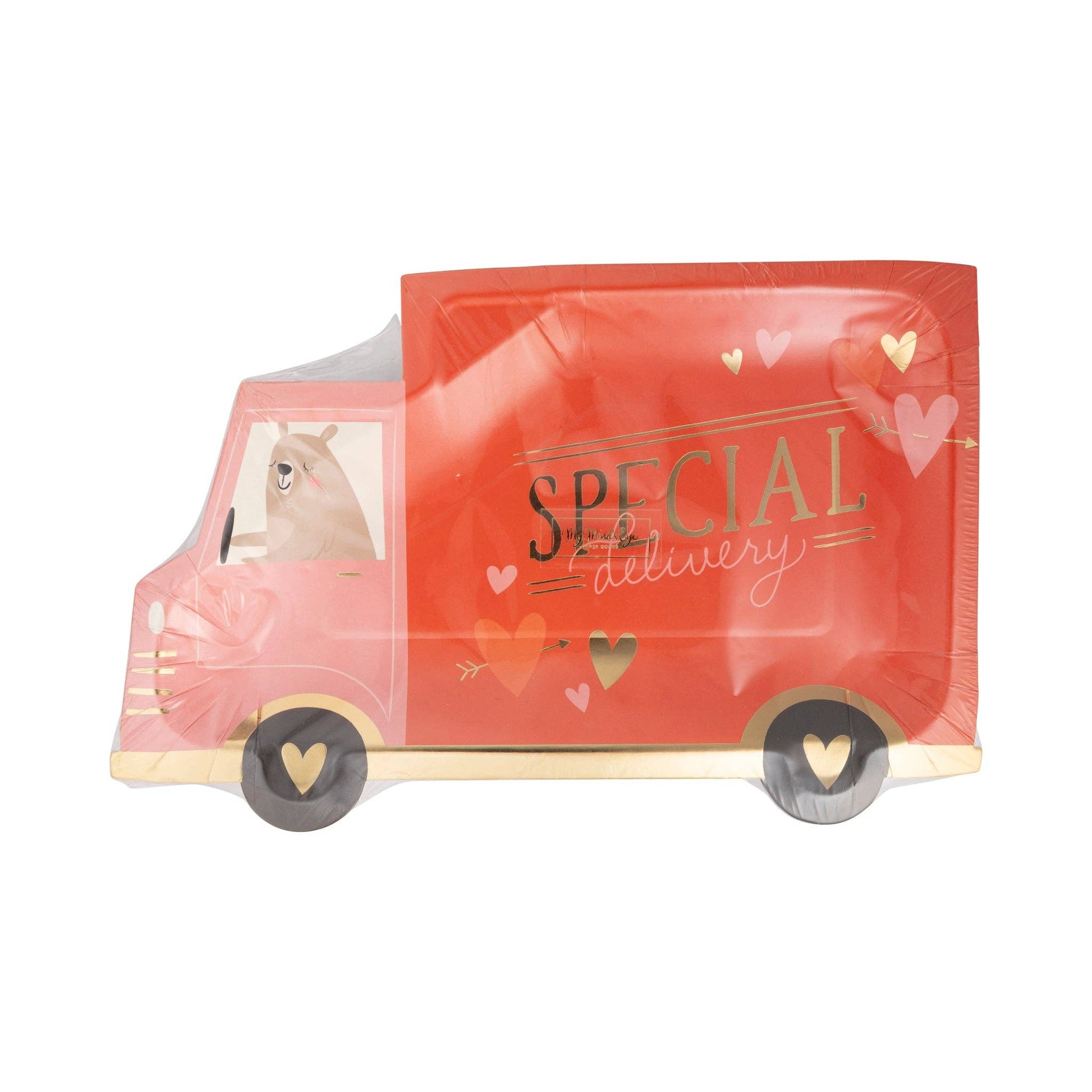 Valentine's Day delivery truck paper plates with gold foil, 8 plates per pack, 11x7 inches.