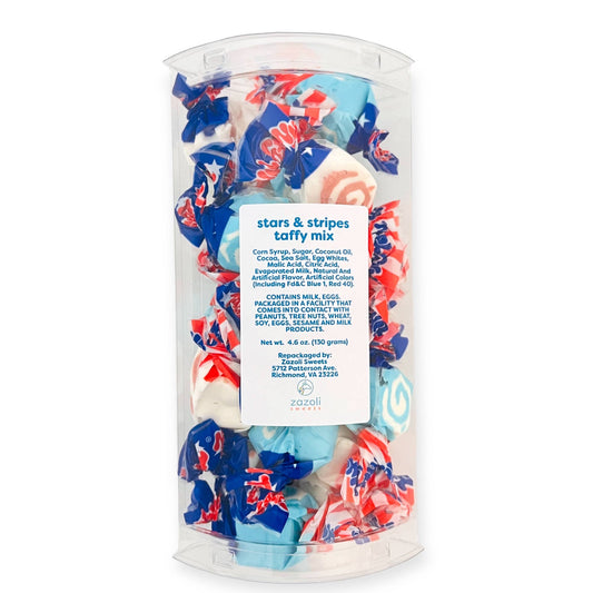 Enjoy the festive taste of summer with Taffy Town's Stars & Stripes Taffy Gift Tube. This patriotic treat features 18 pieces of soft, mouth-melting taffy in delightful flavors: Blueberry Tart, Strawberry Shortcake, and Red Velvet Cake. Perfect for summer BBQs, this hand-made candy comes in a crystal clear gift tube, making it an ideal sweet addition to your celebrations or as a charming gift!