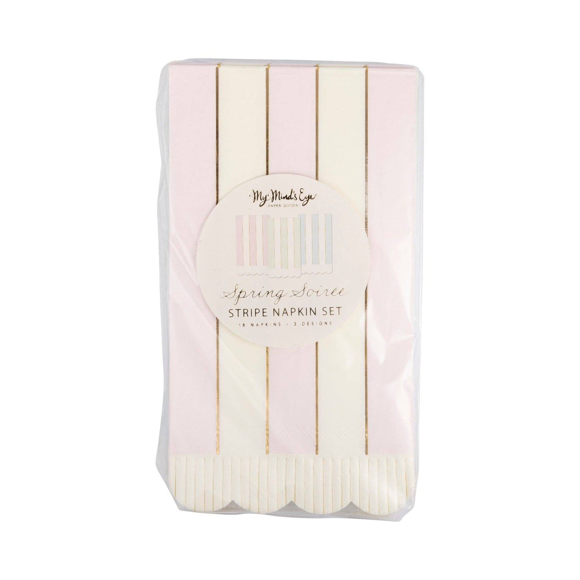 Guest Napkin Set – 18 napkins (4.25"x7.75"), 3 designs with striped & fringe trim, perfect for spring gatherings.