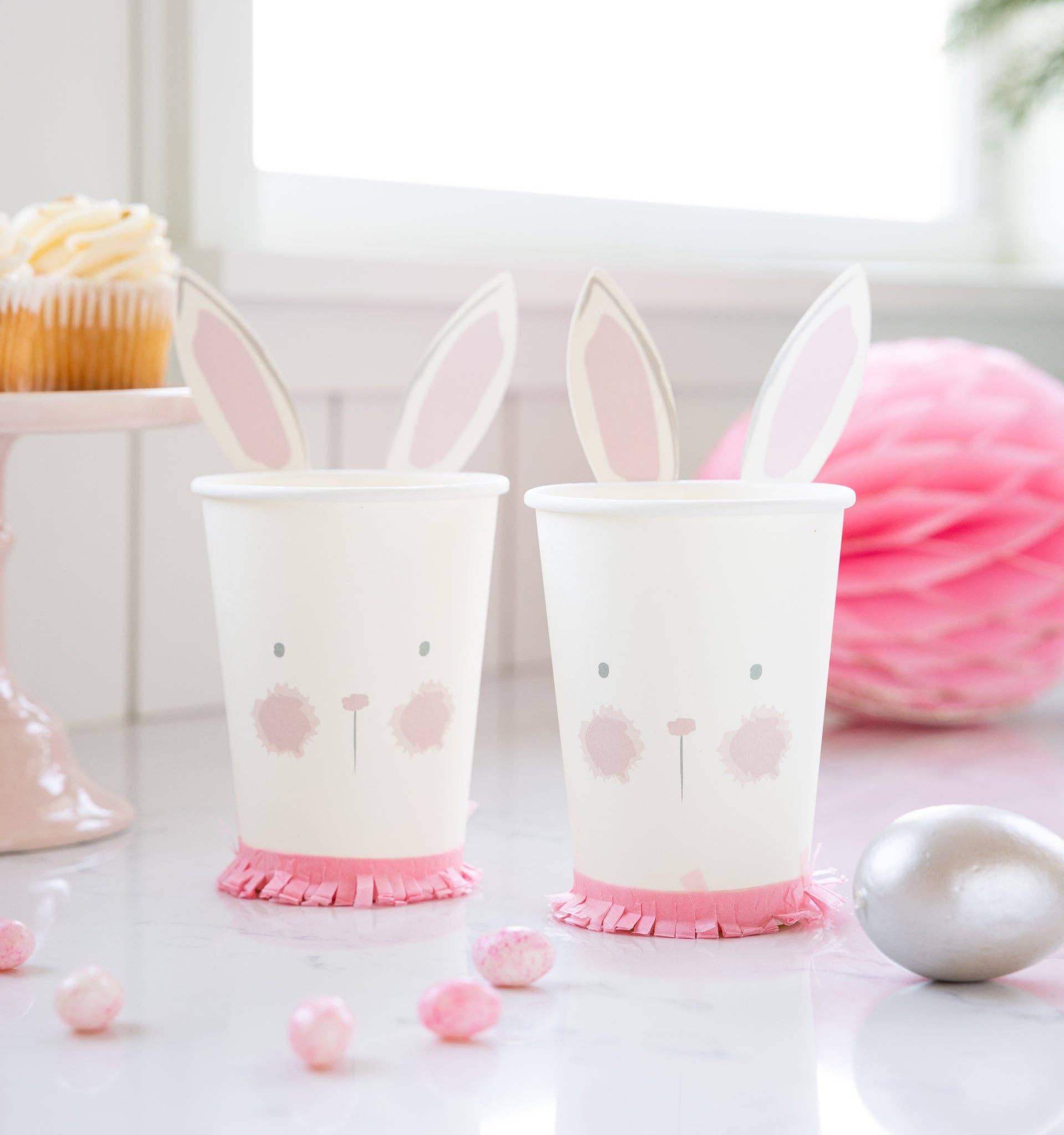 Set of 8 Bunny Cups – 12oz, 4.5" tall with tissue fringe collar, perfect for spring parties & animal lovers.