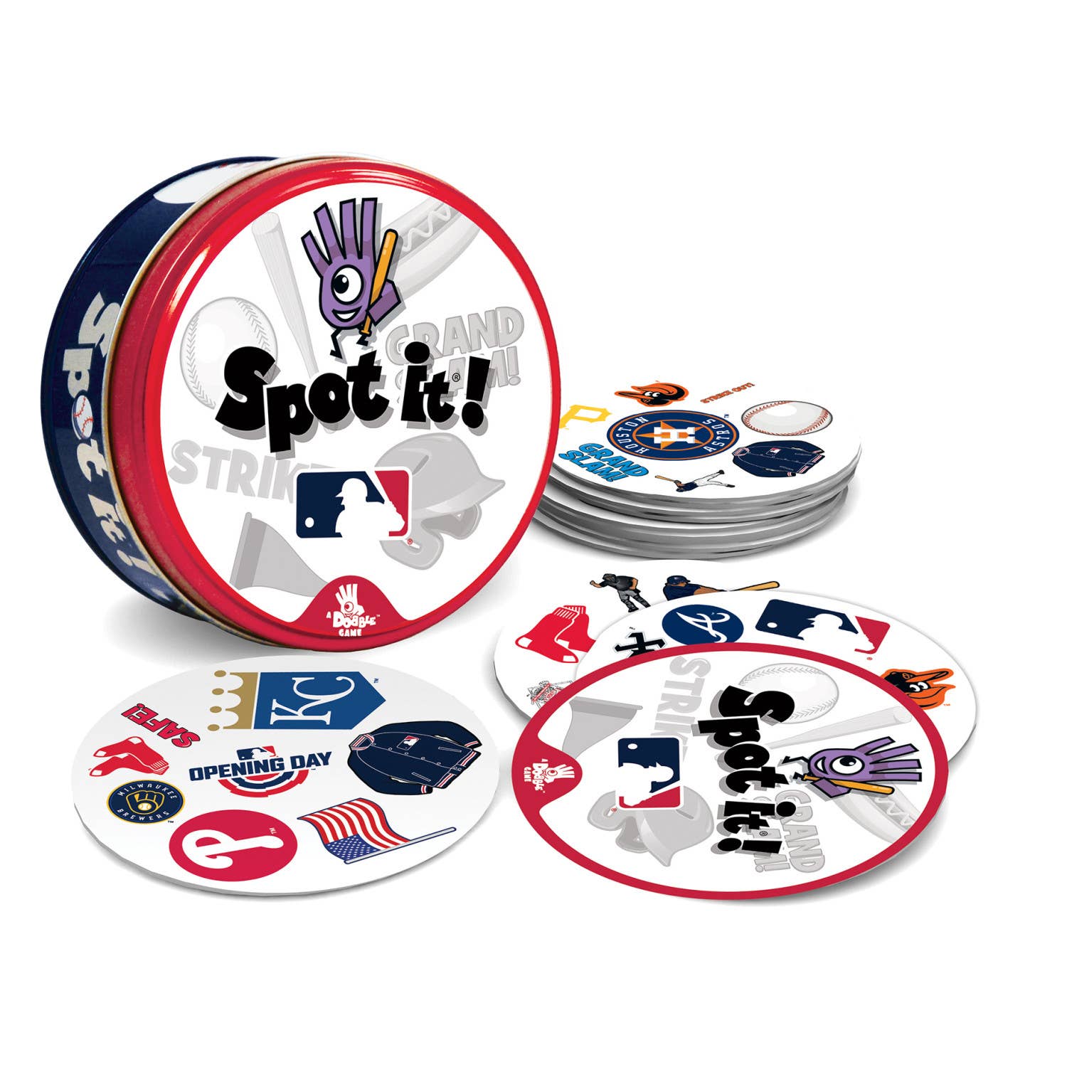 Spot It! MLB League Edition, 55 cards & 5 mini-games for family fun, ages 7+, quick 5-10 min play.