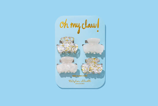 Pearl Mini Claw Clips set of 4 with confetti & pearl designs, perfect for everyday wear, gifts, & parties.