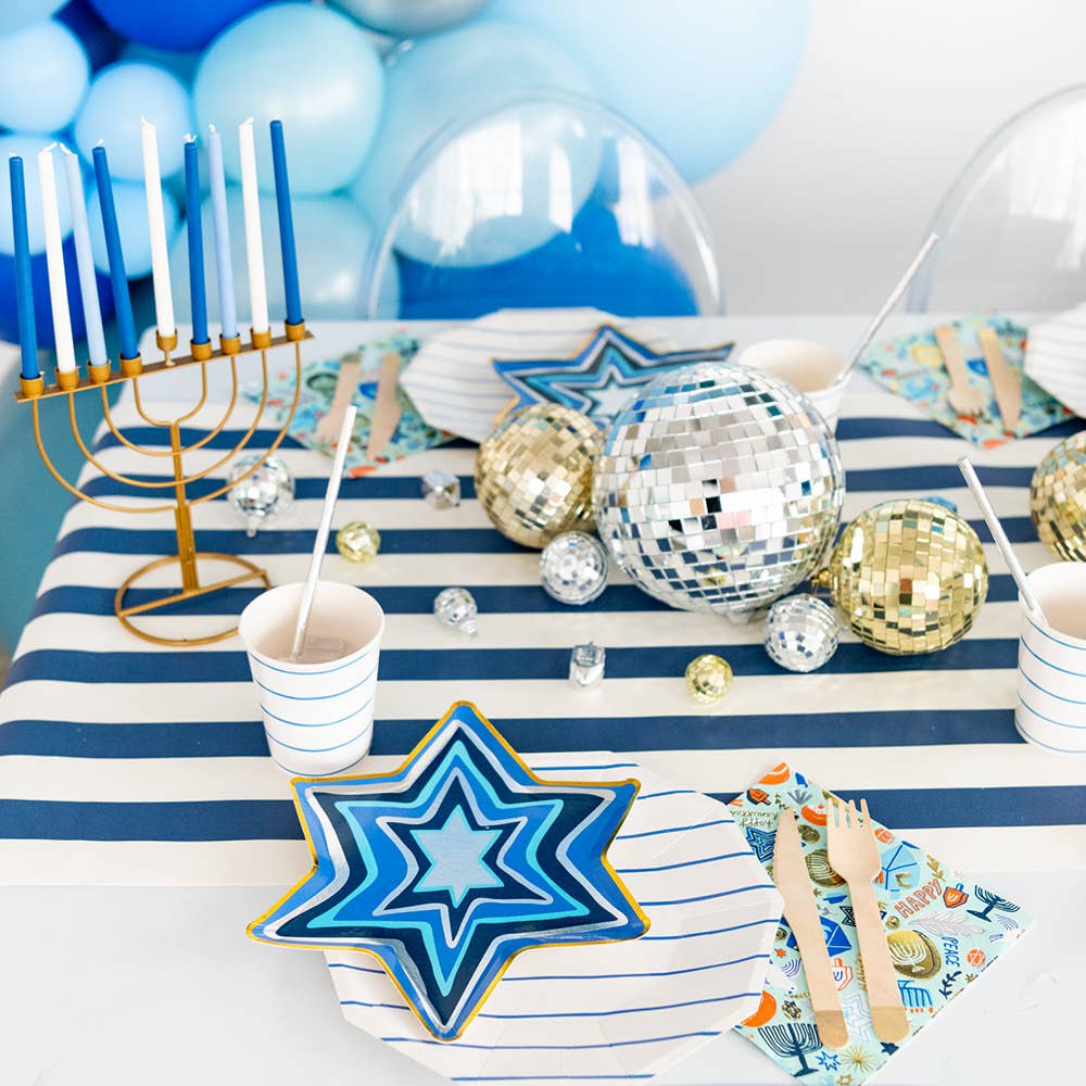 Star-shaped Hanukkah plates with gold and silver foil accents, 8-pack, 9 inches; festive design by Jordan Sondler for Daydream Society, perfect for celebrations.