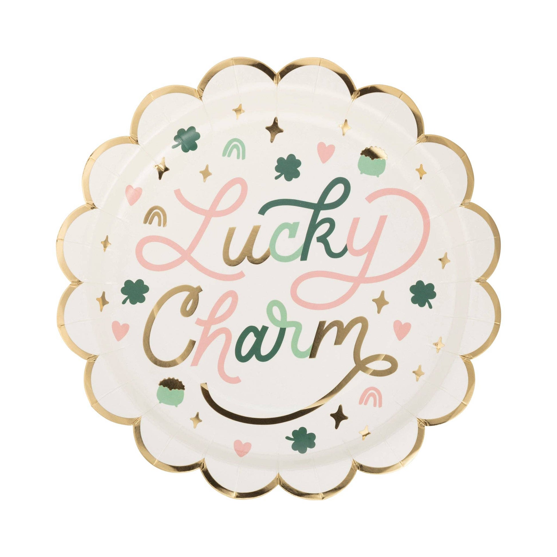 Set of 8 Lucky Charm Plates – 10"x10", scalloped with gold foil, perfect for St. Patrick's Day celebrations.