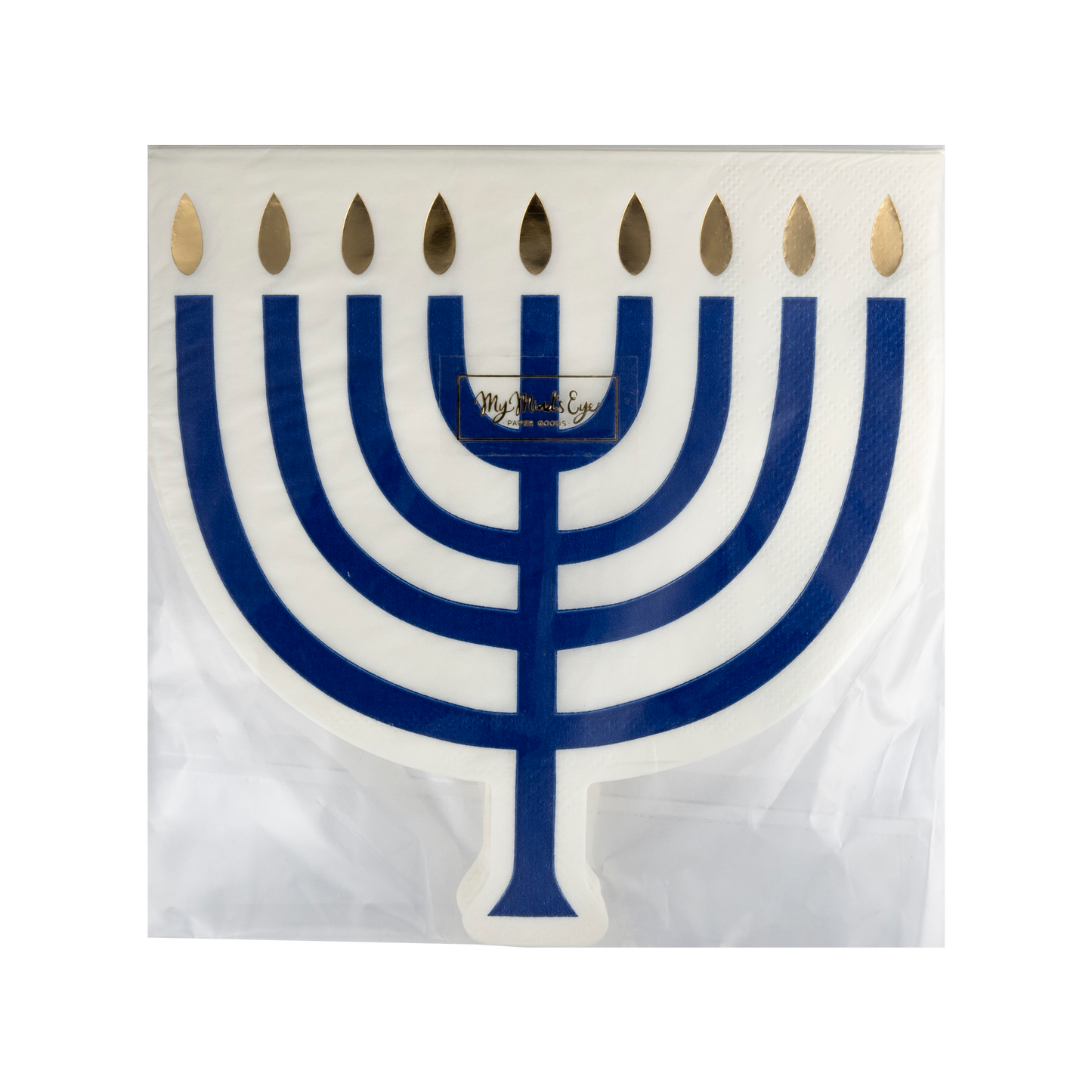 Menorah-shaped luncheon napkins with gold foil accents, perfect for adding a festive touch to Hanukkah celebrations and holiday meals.