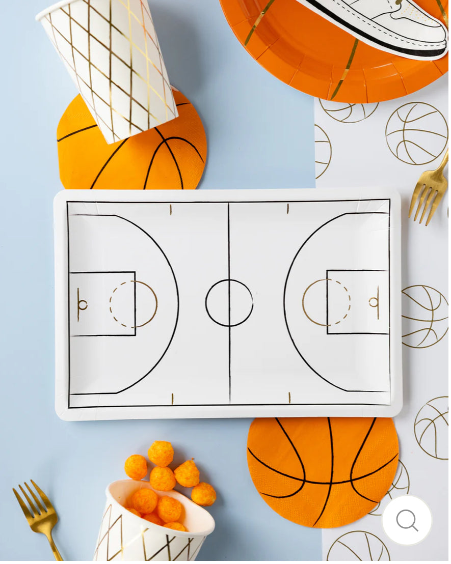 Basketball-shaped napkins, perfect for kids' parties, adding a fun touch to your event. Each package includes 24 paper napkins, measuring 5" x 5