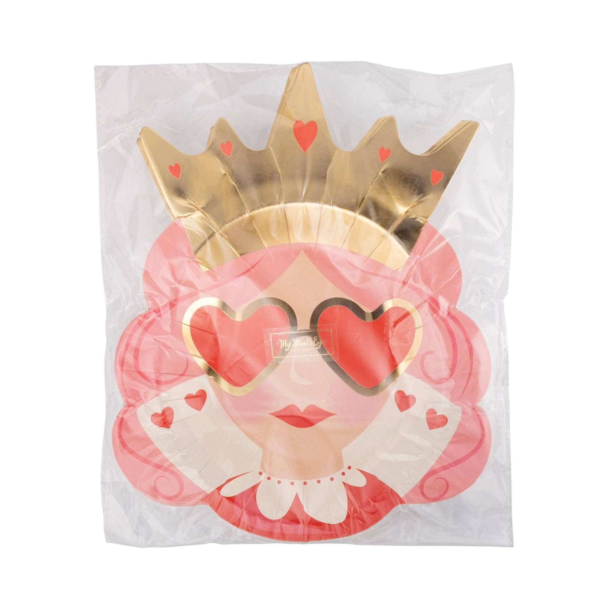 Queen of Hearts paper plates with gold foil, 8 plates per pack, 8x10 inches, perfect for Valentine's Day or royal celebrations.