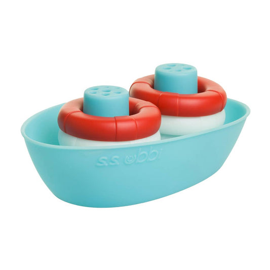 Silicone boat set with 4 buoys, rain effect, promotes coordination, BPA-free, dishwasher safe, baby.