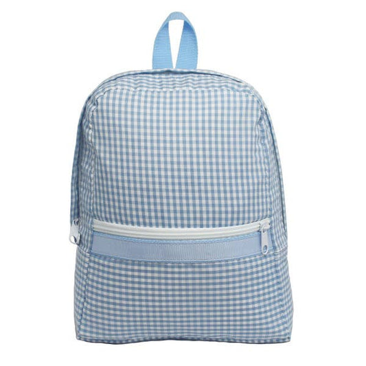 Explorer baby blue gingham small backpack, personalized for toddlers & fashionistas. Fits iPad, makeup, credit cards. Washable.