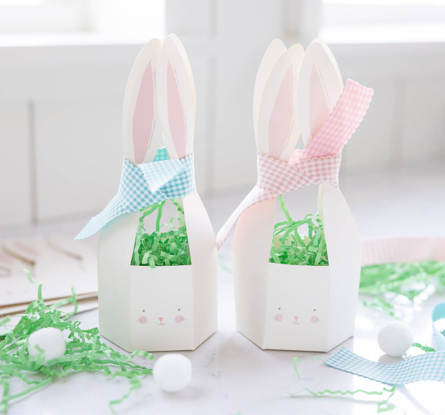 Set of 10 Bunny Treat Boxes – 8"x7", with pom poms and ribbon, perfect for Easter treats & festivities.