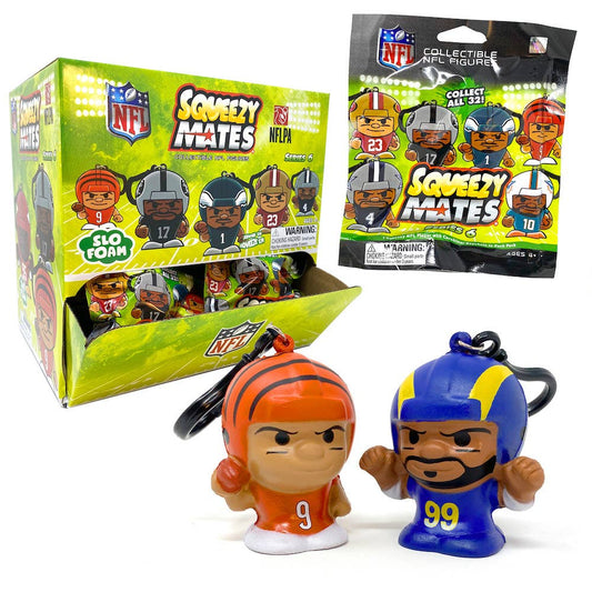 SqueezyMates NFL Series 7 with top star players in squishy Slo-Foam material, carabiner clip, and random collectible figures, including rare exclusives.