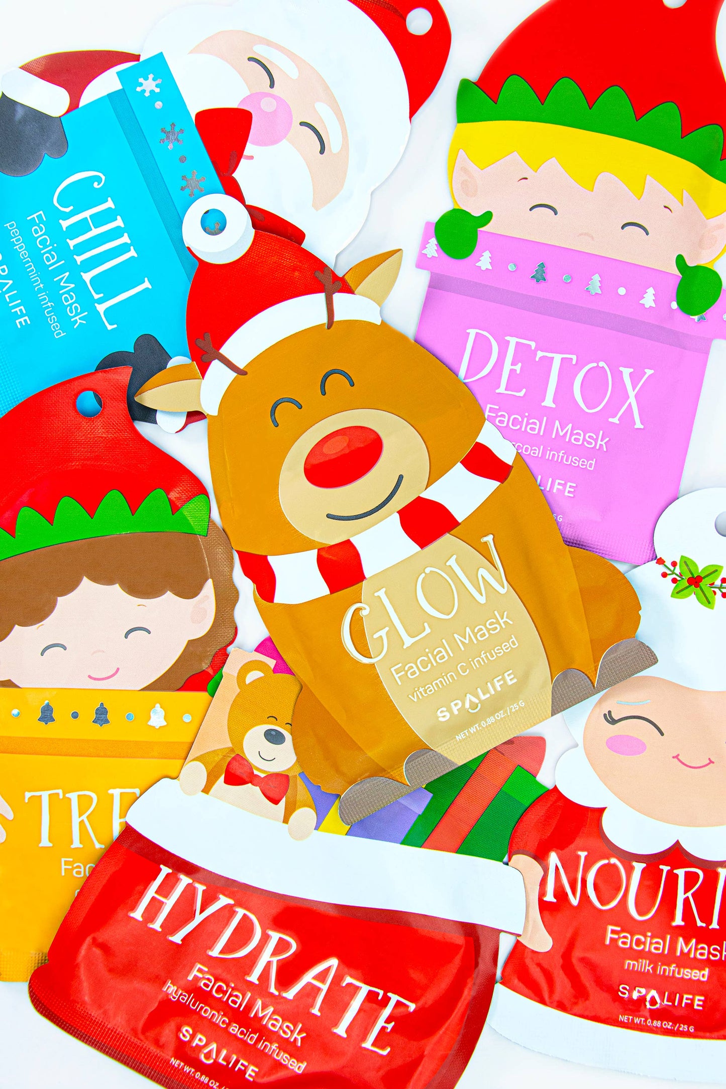 Santa’s Squad Sheet Mask Set with Peppermint & Cocoa. Hydrate, brighten, & soothe winter skin. Perfect for holiday gifting! Sulfate & paraben free.