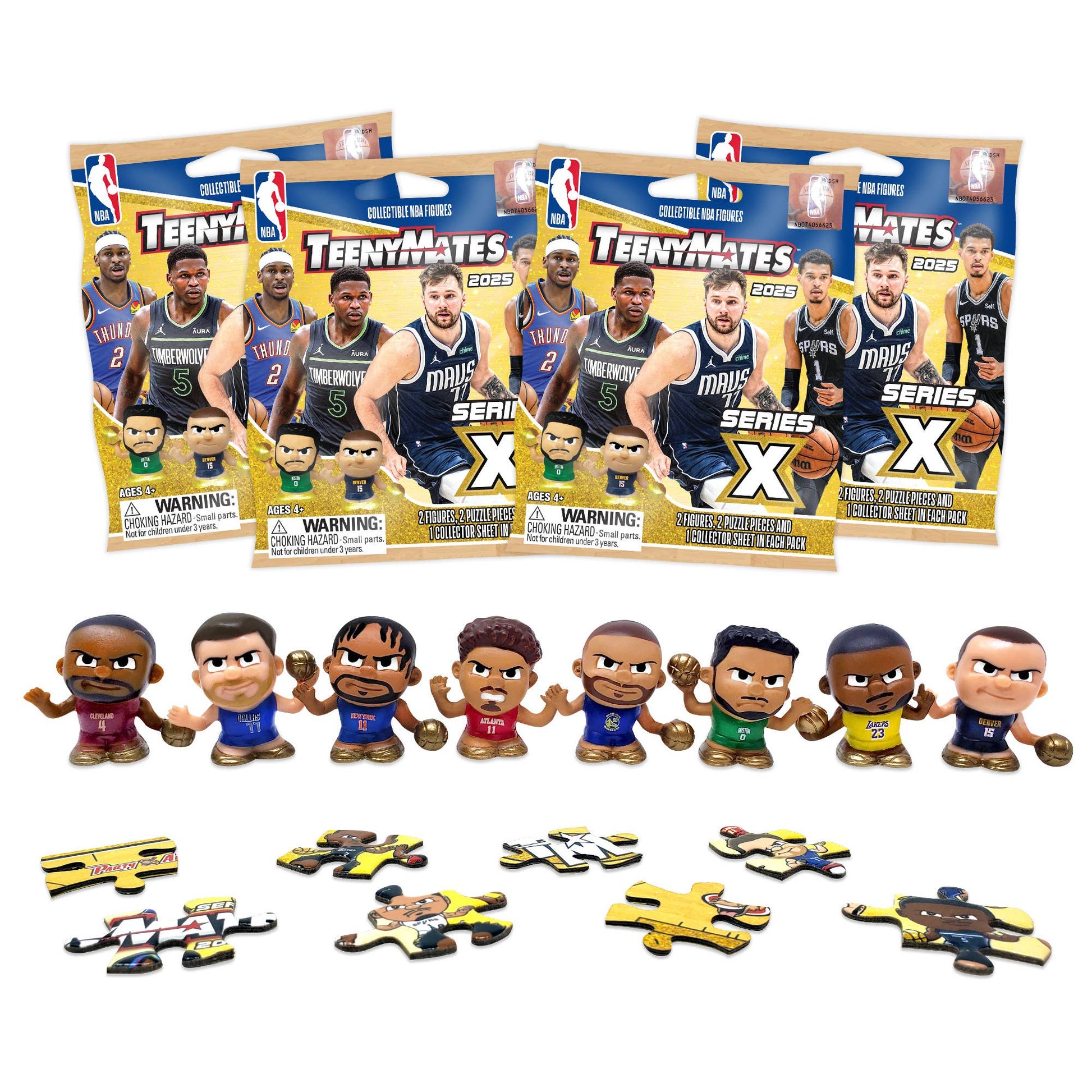 NBA TeenyMates 1" collectible figures, 2 random figures per pack, 32 blind packs, includes puzzle pieces.