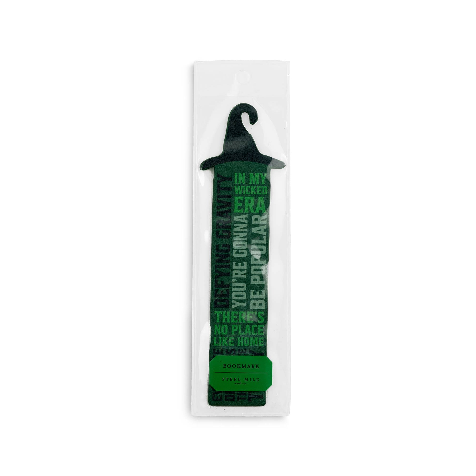 Green leatherette bookmark with witch hat design, inspired by Wicked, perfect for Broadway musical fans