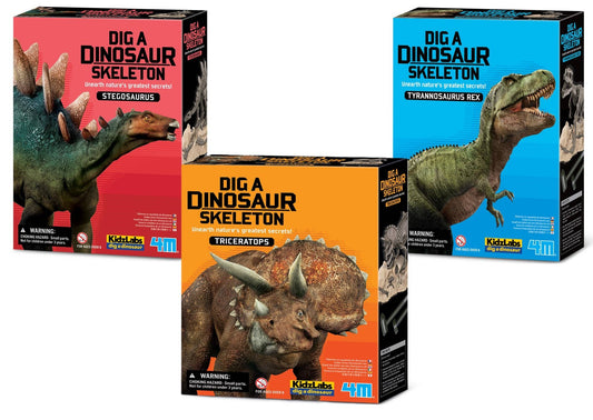 Excavate and assemble 8"-9" T-Rex, Triceratops, or Stegosaurus skeleton with excavation kit.