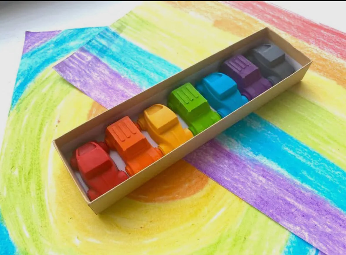 Cars Crayons Gift Set made from 100% non-toxic, recycled materials. Includes 7 colorful crayons in assorted shades like red, green, blue, and more. Perfect as stocking stuffers, party favors, or classroom gifts. Each crayon measures 2" long, 1" wide.