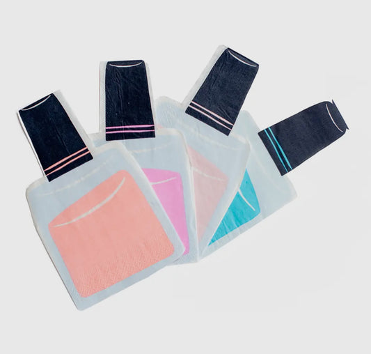 Slumber party nail polish bottle-shaped napkins with neon accents, perfect for sleepover and spa-themed parties. Illustrated by Hello!Lucky for Daydream Society. Includes 16 napkins, 4 of each color, measuring 6.5 inches wide by 8.25 inches tall. Not microwave safe.