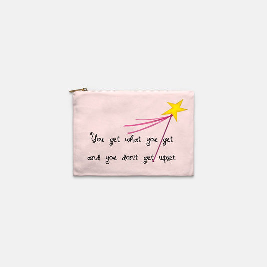 Natural canvas snack bag with the saying 'You get what you get, and you don't get upset.' Versatile and lined, this 9.5″W x 7″H cosmetic bag features a sturdy zipper closure, perfect for snacks or creative uses. Made from 100% cotton canvas, spot clean with mild soap and water