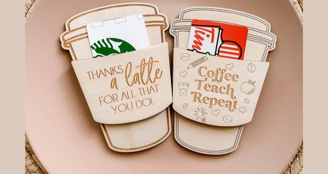 Eco-friendly coffee cup holder thank you card with a stylish coffee cup illustration and heartfelt 'Thank You' message. Perfect for coffee lovers, this unique card doubles as a holder and offers space for personalized notes, making it a thoughtful gift or gesture.