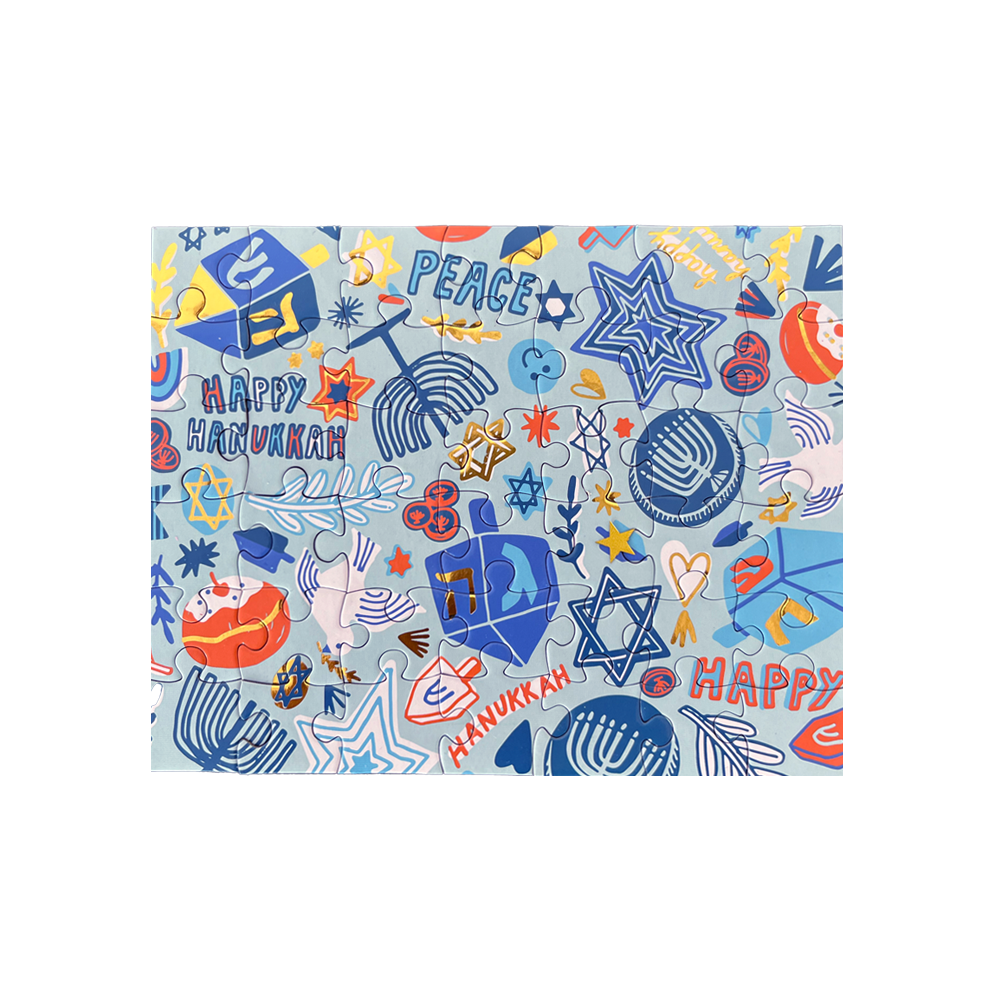 Mini Hanukkah puzzle with gold and silver foil accents, 42 pieces, 6.7x5.5 inches; festive design by Jordan Sondler, perfect for gifts or party favors."