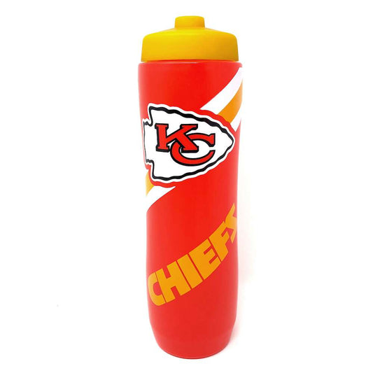 Squeezable 32oz water bottle with colorful team logos, fast cap, and leak-resistant spout, BPA-free.