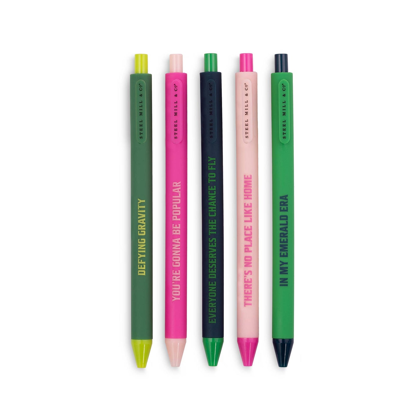 Wicked-themed gel pens set of 5 with Broadway quotes, vibrant ink, smooth writing for fans