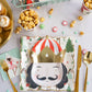 Nutcracker shaped party plates featuring gold foil accents, measuring 7.75" x 10", perfect for serving snacks or desserts at holiday celebrations. Includes 8 plates per set.