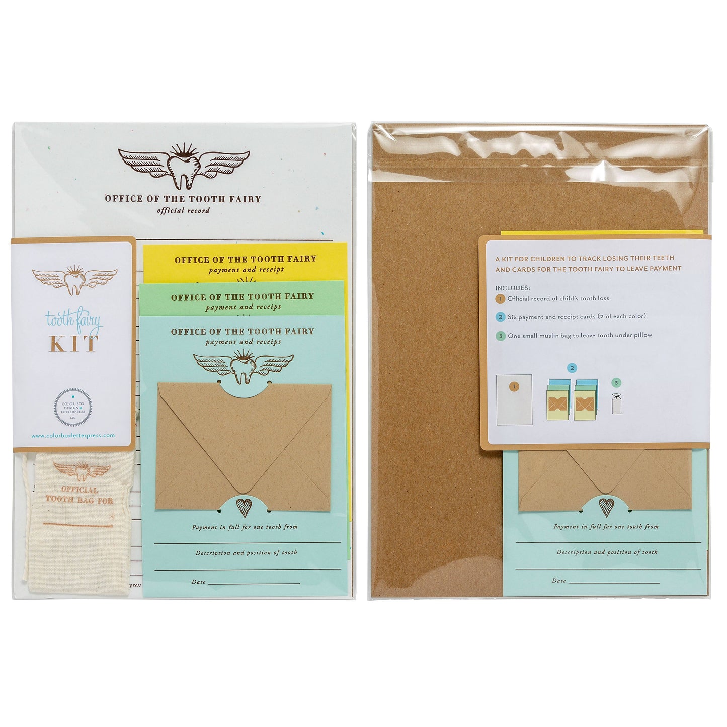 Official Tooth Fairy Kit with letterpress receipt cards, muslin bag, and record sheet for tooth loss. Includes 6 colorful receipts, payment envelopes, and keepsake record. Adds magic to the tooth fairy tradition, packaged in a sealed cello sleeve.