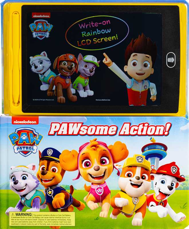 Interactive PAW-themed board book with LCD screen and stylus, 20 pages, fun rescue mission drawing.