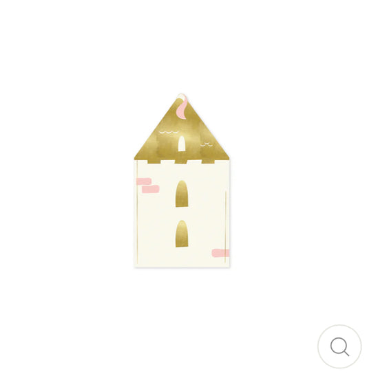 Castle turret-shaped napkins with gold foil accents, perfect for a princess-themed party or fairy tale birthday. Includes 18 paper napkins, measuring 7.5 x 4.5 inches. Pair with castle plates and a princess table runner for a magical party table setting.