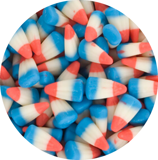 Raspberry lemonade candy corn featuring a refreshingly sweet taste in red, white, and blue colors, perfect for patriotic celebrations. This delicious candy comes in a net weight of 4 oz, making it an ideal sweet treat for summer parties, holidays, or just to satisfy your candy cravings. Enjoy the delightful flavor of raspberry lemonade in every bite of this festive candy corn.