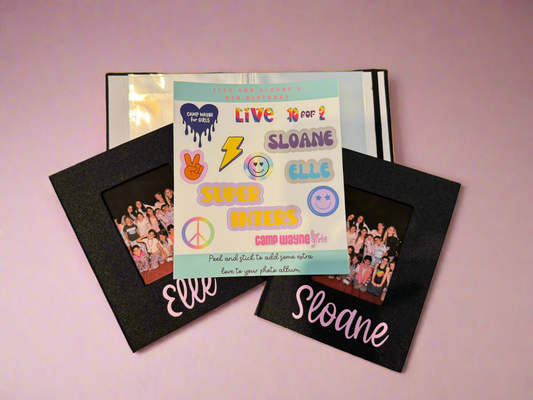 Personalized photo album designed for sleepaway camp, perfect for preserving memories. This custom album makes a great party favor or holiday gift, ideal for capturing fun moments and special events. A unique keepsake for kids, this album is perfect for girls' camps and birthday celebrations.