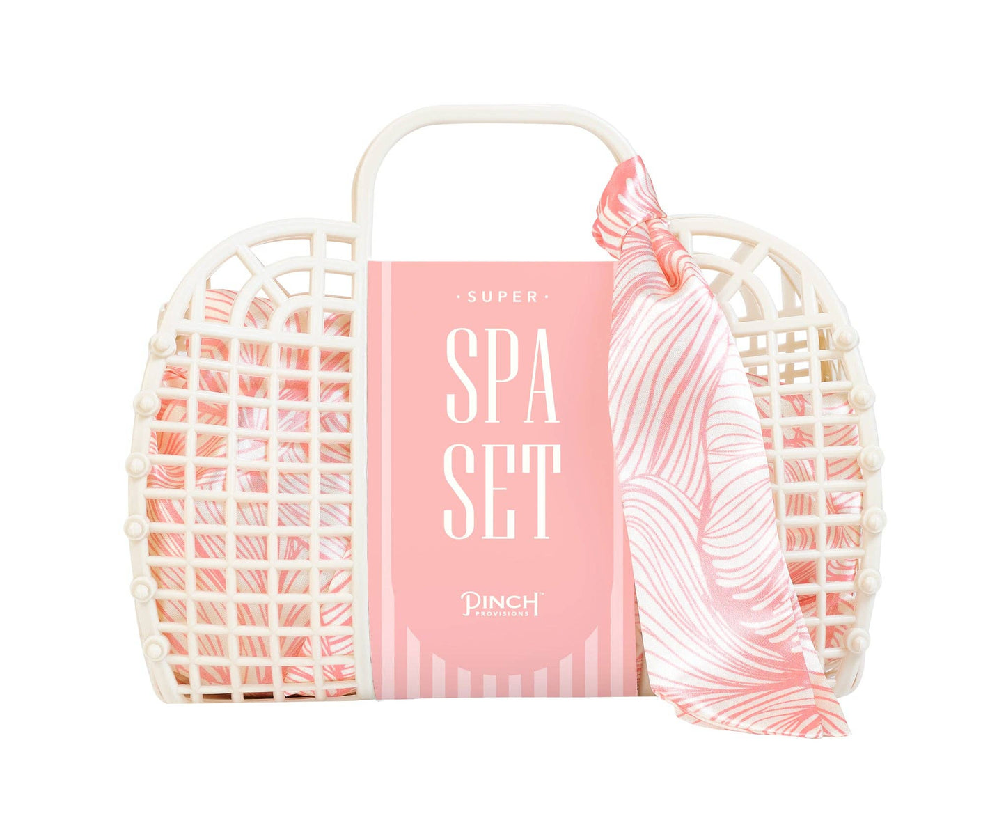 Pinch Provisions Super Spa Set in ivory jelly tote with 8 deluxe spa essentials for ultimate relaxation.