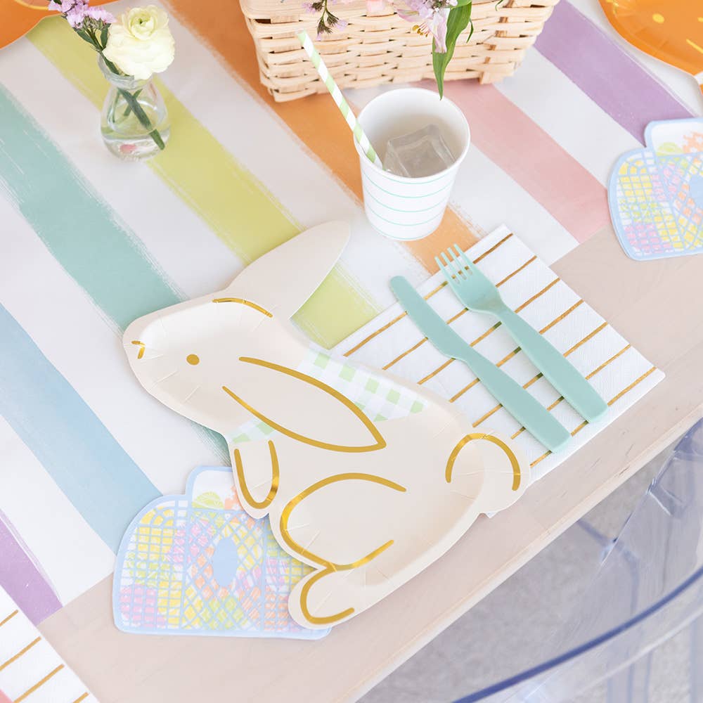 Bunny-shaped plates with gingham bandanas and gold foil accents, pack of 8, 10.5x7.5 inches; ideal for spring celebrations, 4 colors, 2 of each.