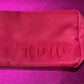 Personalized cosmetic pouch with zipper, featuring custom name, initials, or trendy icons. Lightweight and durable, available in neon or neutral colors with gold zippers. Size: 10" long x 5" wide x 3" deep. Perfect for summer slumber parties, travel, school, or as a makeup organizer. Great gift for girls, bridesmaids, or team members.