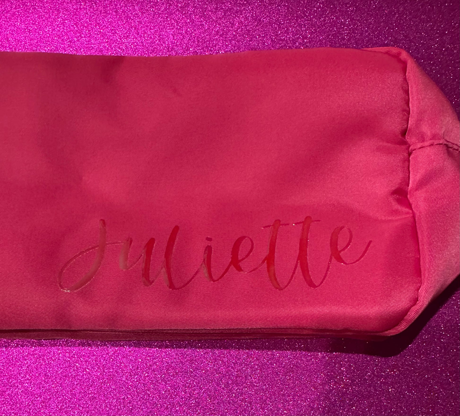 Personalized cosmetic pouch with zipper, featuring custom name, initials, or trendy icons. Lightweight and durable, available in neon or neutral colors with gold zippers. Size: 10" long x 5" wide x 3" deep. Perfect for summer slumber parties, travel, school, or as a makeup organizer. Great gift for girls, bridesmaids, or team members.