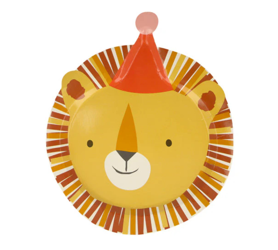 Adorable animal plates designed for children's parties, featuring bright colors and fun pompom printed details. Each plate is shaped like a bear, monkey, tiger, or lion, crafted from premium 400 gsm paper and made from sustainable FSC paper. Pack contains 8 plates in 4 designs.