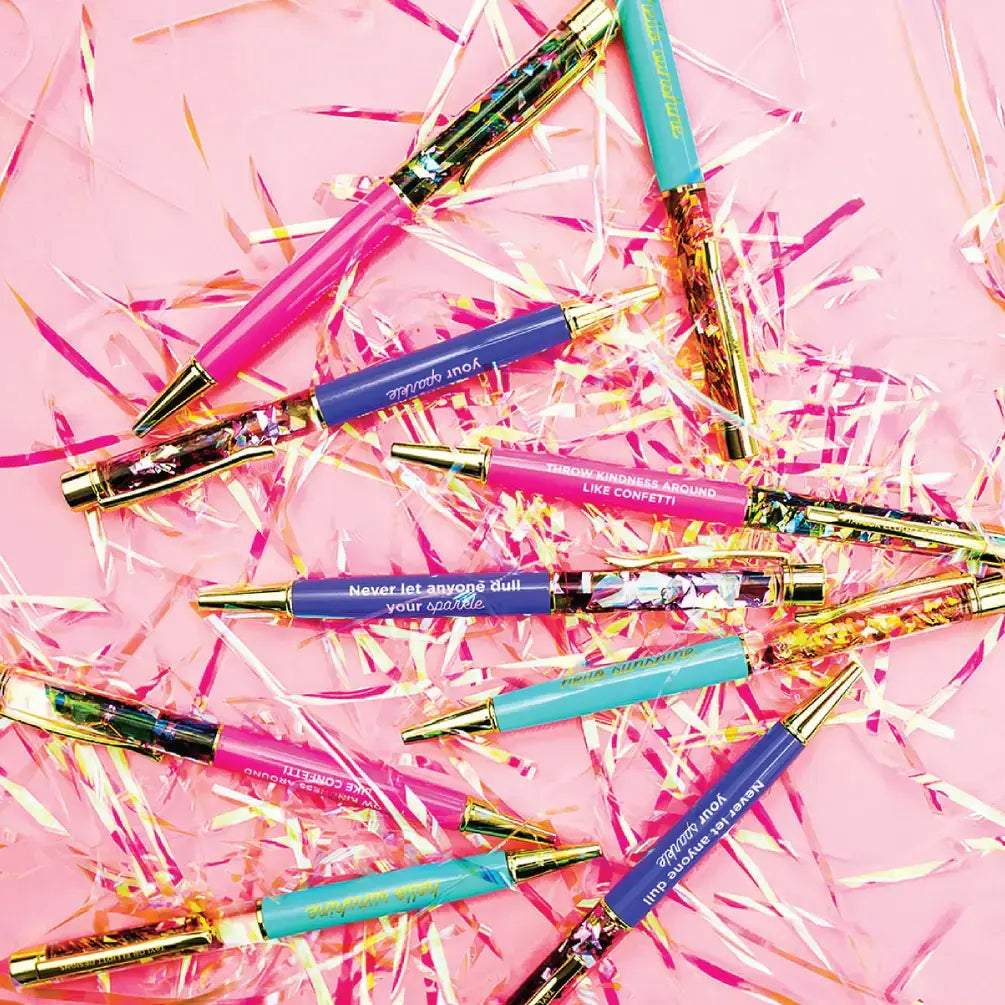 A festive pile of colorful pens with vibrant confetti on top, adding a playful touch to your desk.