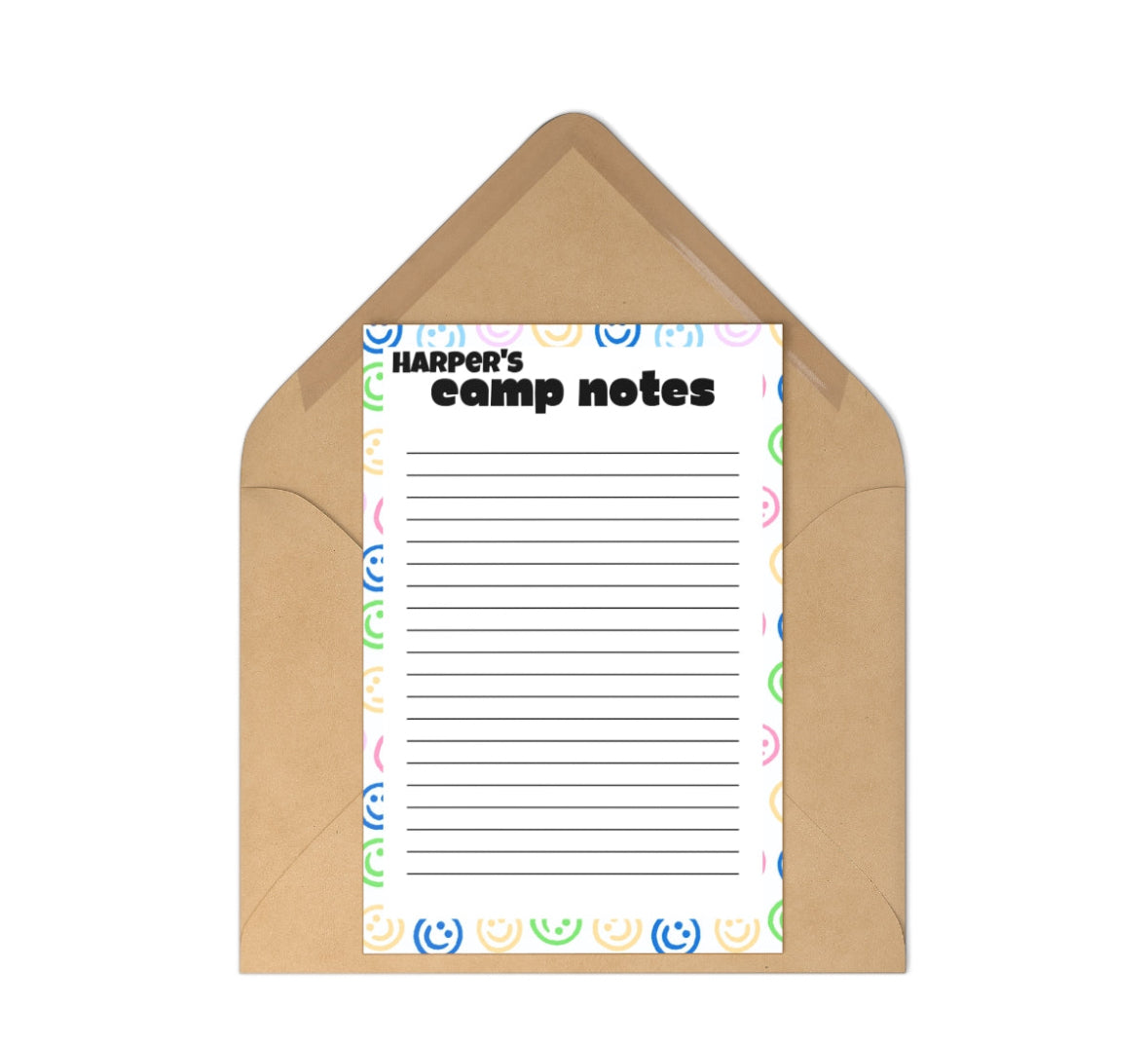 Colorful Smiley personalized stationery set with 10 flat notecards and matching envelopes, perfect for all occasions. Each notecard is 5" x 7" with a smooth finish.