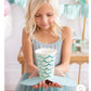 Mermaid Tail Paper Party Cups with adhesive tail and aqua foil accents, perfect for under-the-sea themed celebrations. Includes 8 cups per package, 12 oz capacity, measuring 4.5" tall and 3.5" round at the top