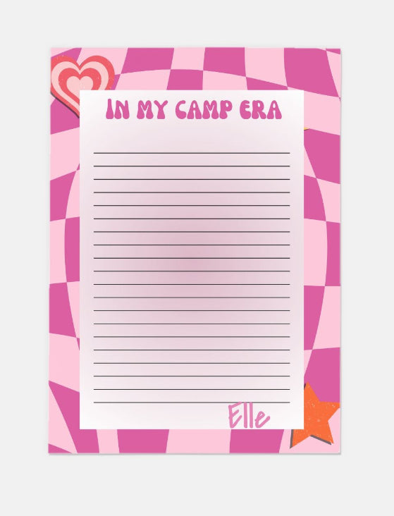 Personalized camp stationery set with 10 custom notecards and envelopes for kids. Perfect for sending updates or keeping memories at sleepaway camp. Features groovy design and lined notecards.