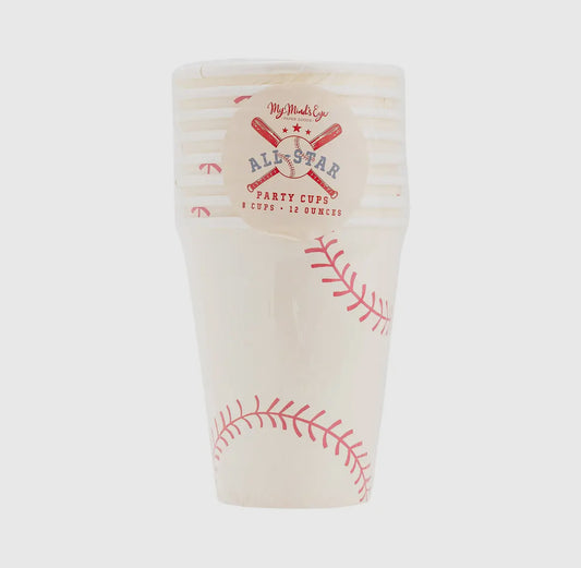 Set of 8 Baseball Paper Cups, 12oz each, perfect for baseball-themed parties or events. Featuring fun designs, these disposable cups add a sporty touch to any celebration. Ideal for sports fans and kids' birthday parties.