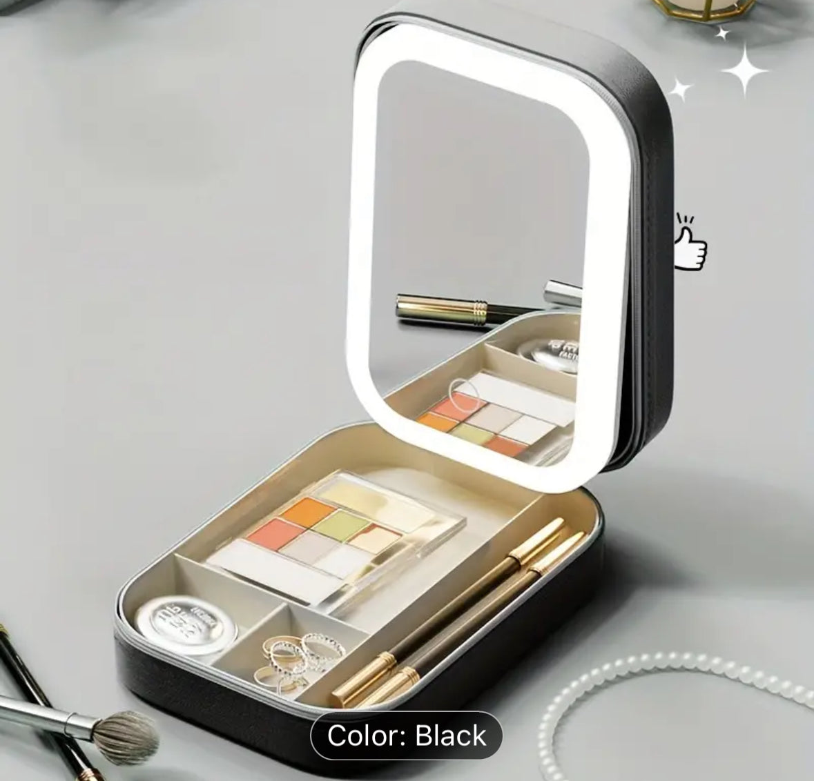 Personalized LED makeup mirror with storage, folding design for travel and home, ideal gift for women.