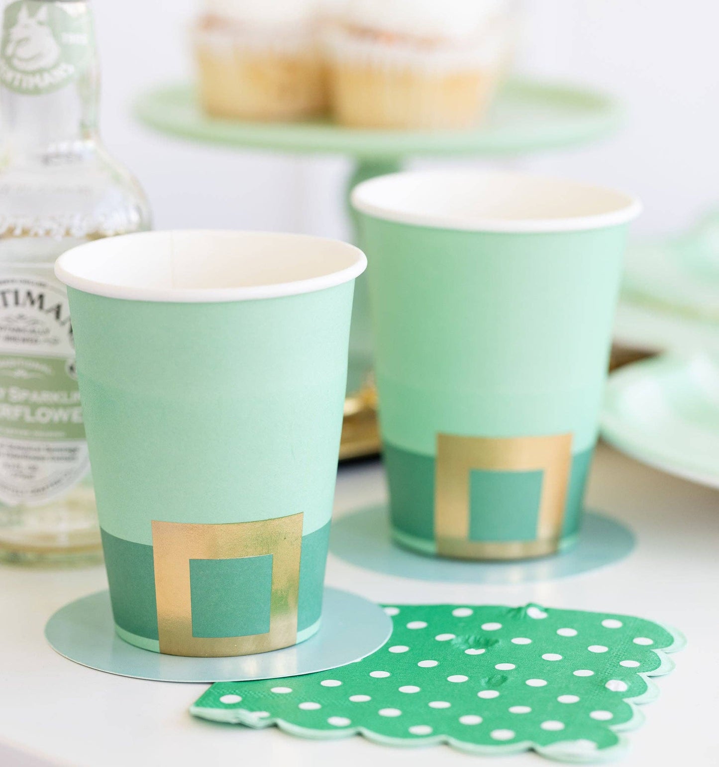 Set of 8 Leprechaun Party Cups – 12oz, 4.5" tall with gold foil and paper hat brim, perfect for St. Patrick's Day.