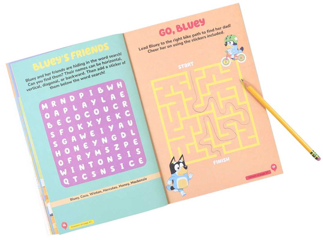 Join Bluey and Bingo for fun with over 200 stickers, puzzles, and activities in this exciting pad!