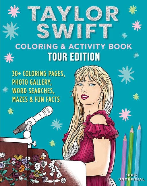 Taylor Swift Eras Tour coloring and activity book with puzzles, 36 illustrations, and fun facts.