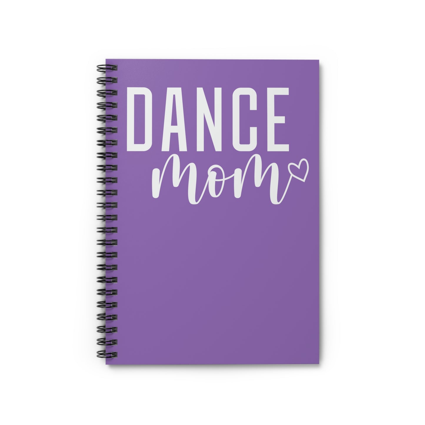 Dance Mom’ spiral notebook, perfect for tracking schedules and notes, 118 ruled pages, durable 350 gsm cover, 90 gsm inside pages, 6" x 8" size, dark grey back cover, metal spiral binding, fun design for proud dance moms, versatile for all notes