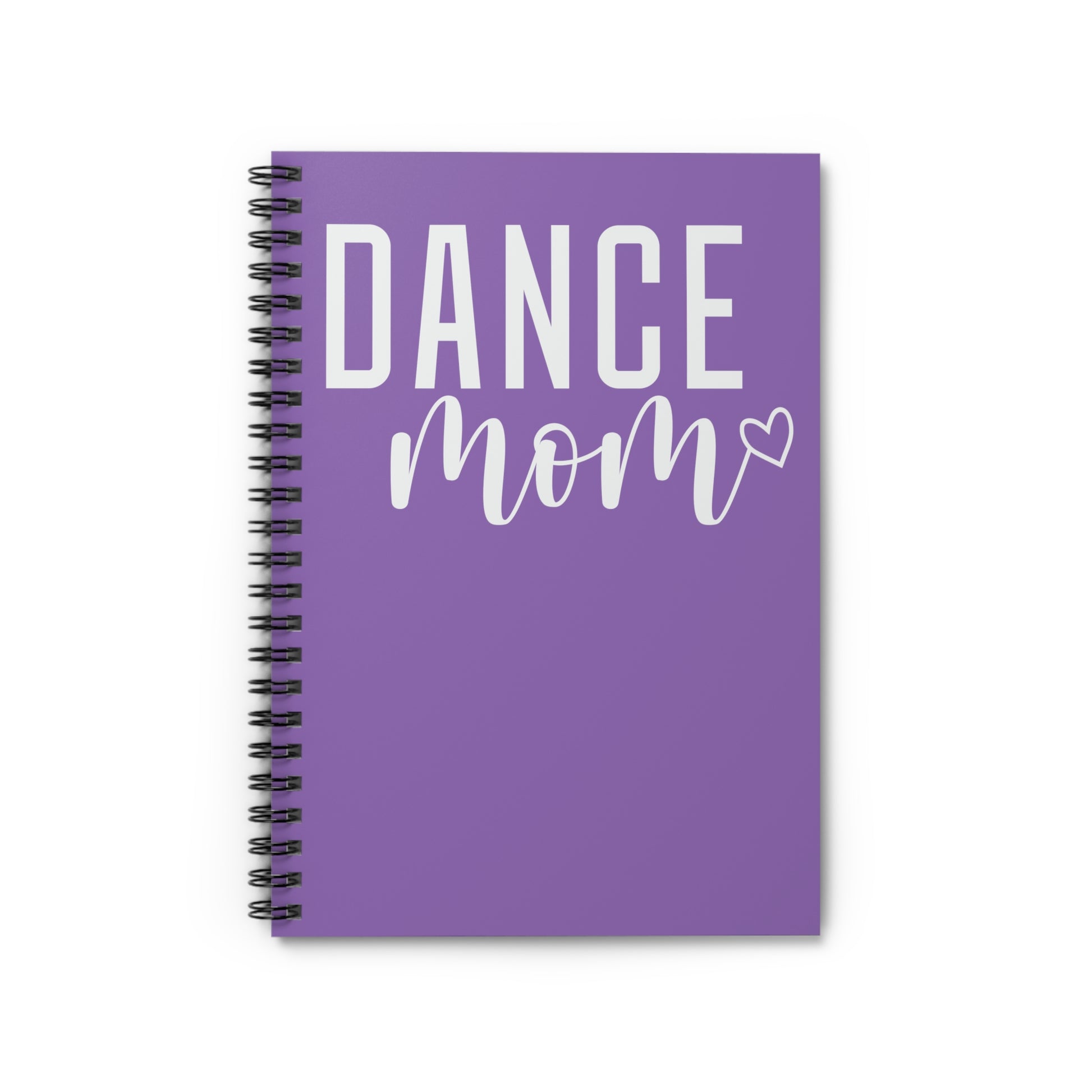 Dance Mom’ spiral notebook, perfect for tracking schedules and notes, 118 ruled pages, durable 350 gsm cover, 90 gsm inside pages, 6" x 8" size, dark grey back cover, metal spiral binding, fun design for proud dance moms, versatile for all notes